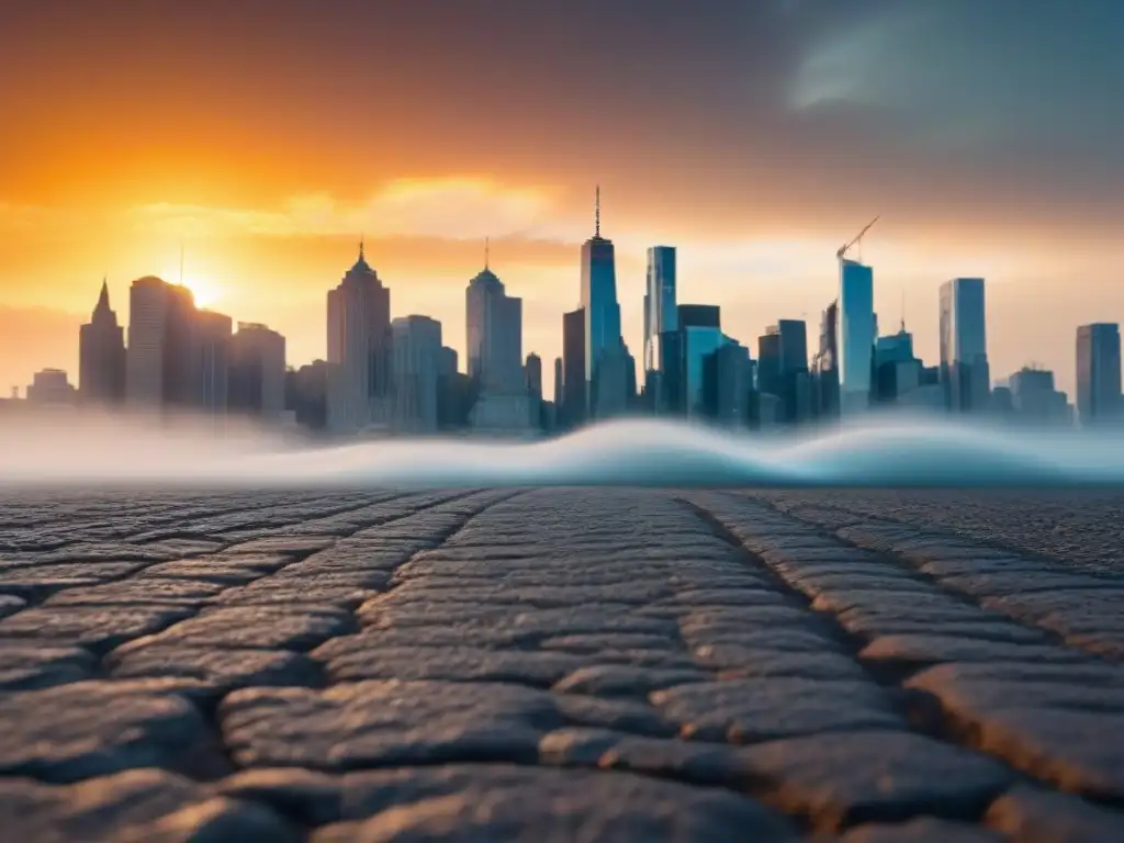 Ilustración detallada de una ciudad durante ola de calor, reflejando las consecuencias del cambio climático en la salud pública