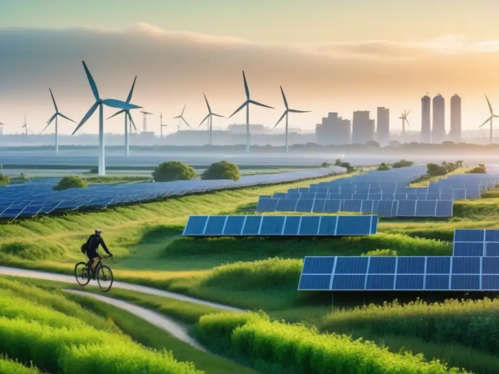 Ilustración detallada de una ciudad sostenible con techos verdes, paneles solares, turbinas eólicas y personas en bicicleta