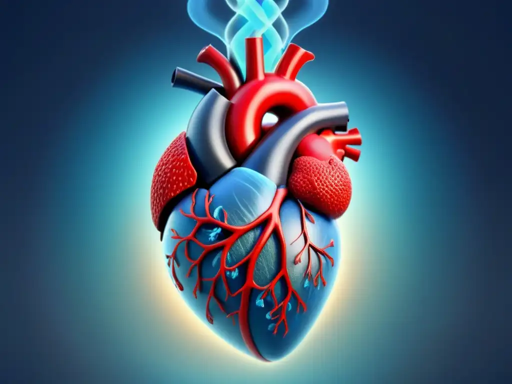 Ilustración detallada de un corazón humano rodeado de compuestos químicos en el aire, simbolizando los efectos químicos en la salud cardiovascular