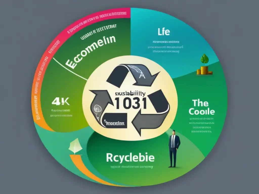 Ilustración detallada de la economía circular estilo vida sostenible, desde diseño hasta reciclaje, con líneas precisas y colores sutiles