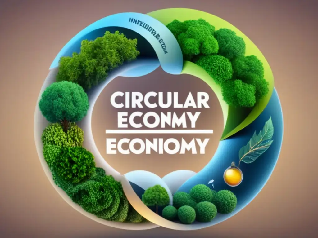 Concepto de economía circular: ilustración detallada y moderna Ilustración detallada de la economía circular, con loops interconectados simbolizando el flujo continuo de recursos de forma sostenible