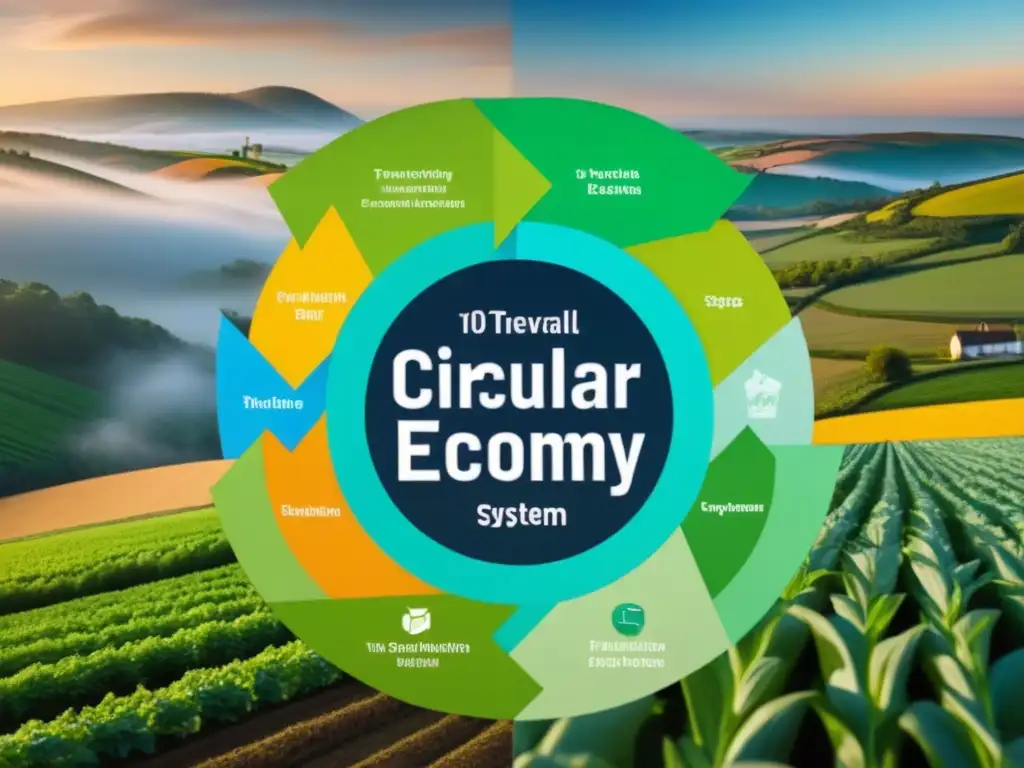 Ilustración detallada de Economía circular alimentación sostenible en acción, destacando la eficiencia y sostenibilidad en la industria alimentaria