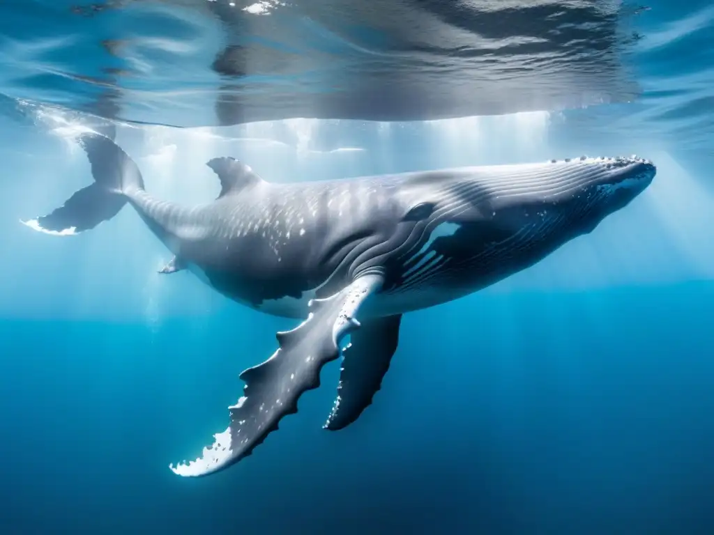 Ilustración detallada de un escenario marino sereno con una majestuosa ballena jorobada deslizándose graciosamente