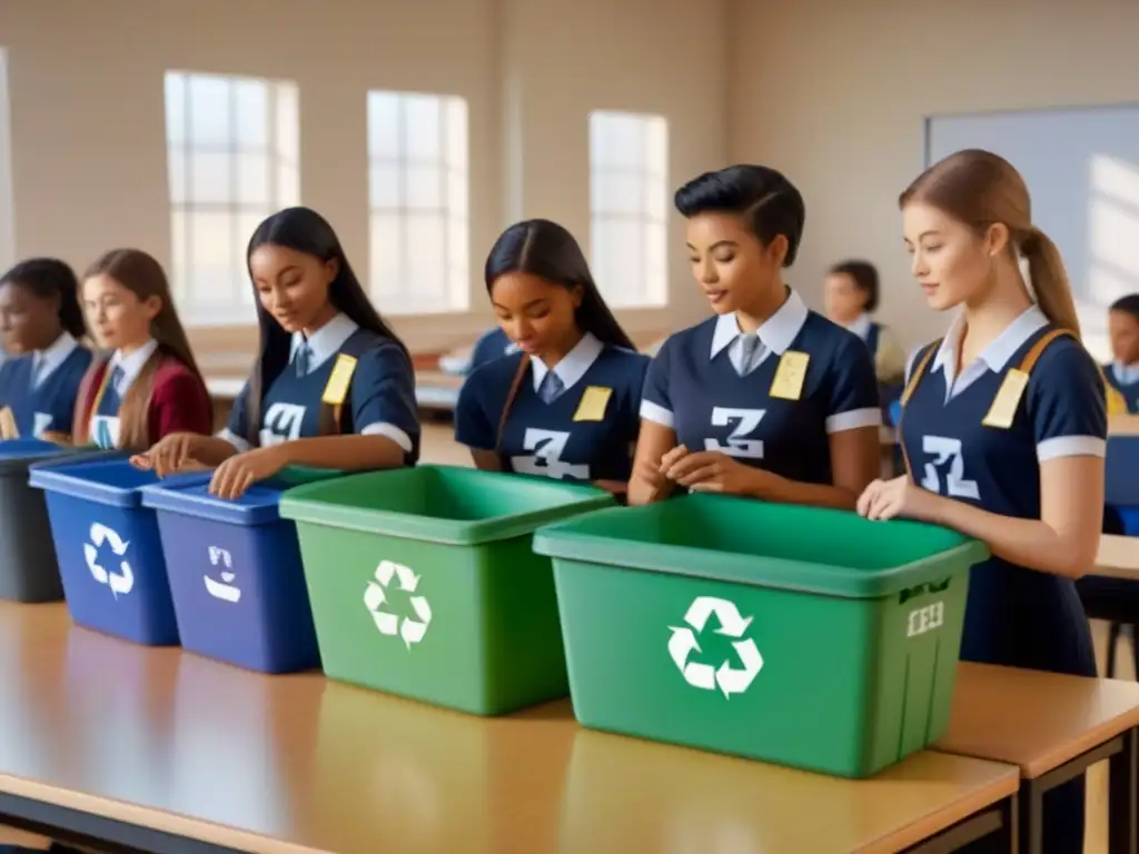 Ilustración detallada de estudiantes diversos en clase, clasificando materiales reciclables con símbolos coloridos