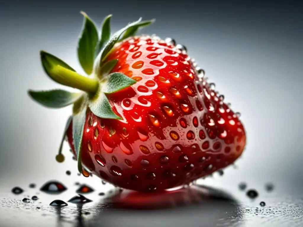 Detallada fresa madura con gotas de agua brillantes