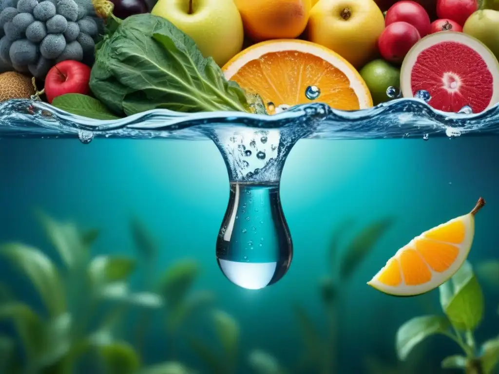 Ilustración detallada: gota de agua que se transforma en alimentos variados con ondas acuáticas