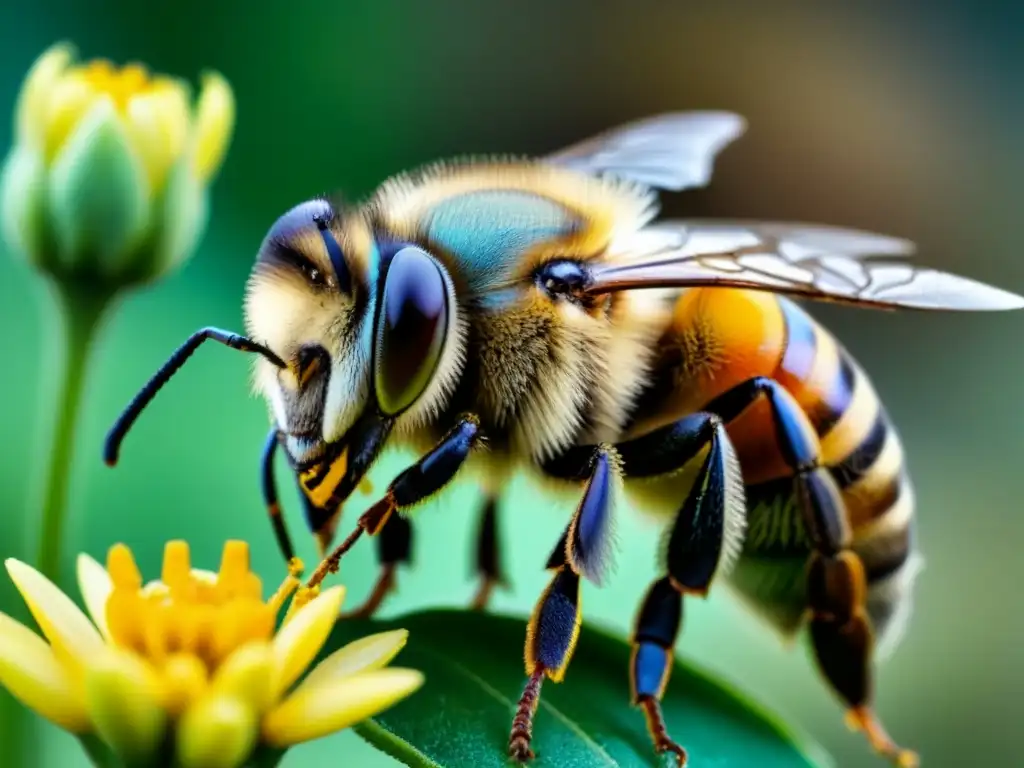 Detallada imagen de abeja cubierta de polen amarillo en jardín colorido