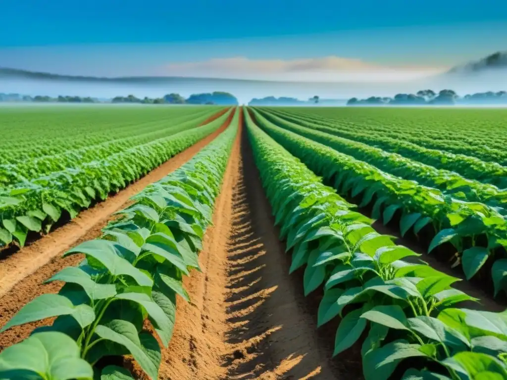 Detallada imagen de un campo verde con plantas de soja, simbolizando proteínas vegetales eco-friendly sostenibles en la naturaleza abundante