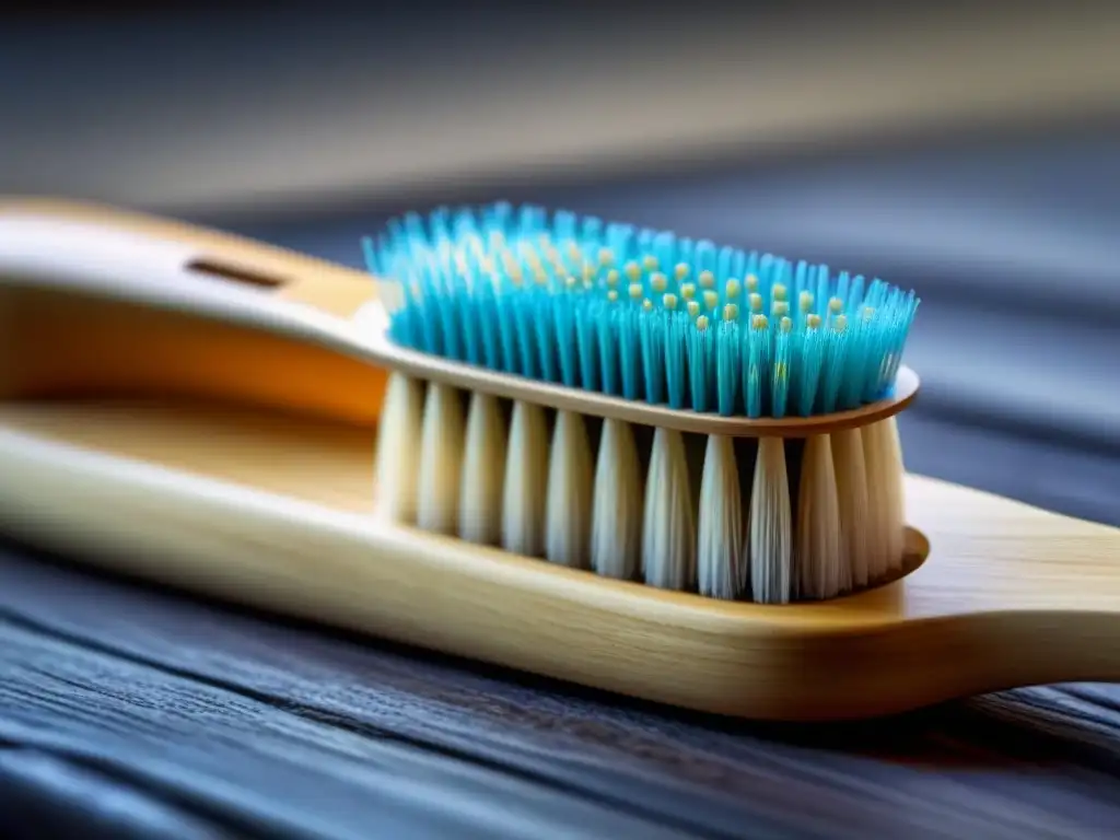 Detallada imagen de un elegante cepillo de dientes de bambú sobre superficie de madera, resaltando su diseño ecofriendly