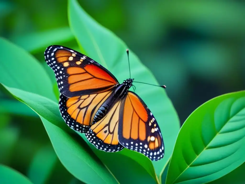 Detallada imagen de una mariposa monarca en una hoja de algodoncillo, resaltando sus alas naranjas y negras