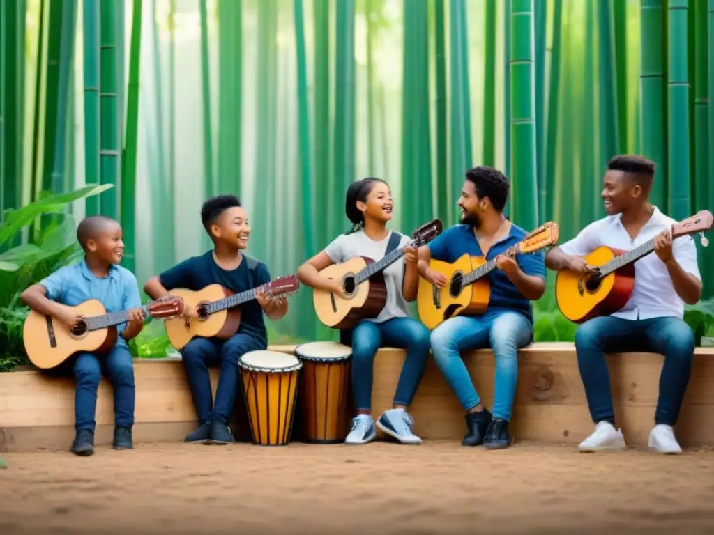 Ilustración detallada y minimalista de niños tocando instrumentos musicales reciclados en un entorno verde, simbolizando la educación musical sostenible y conciencia ecológica