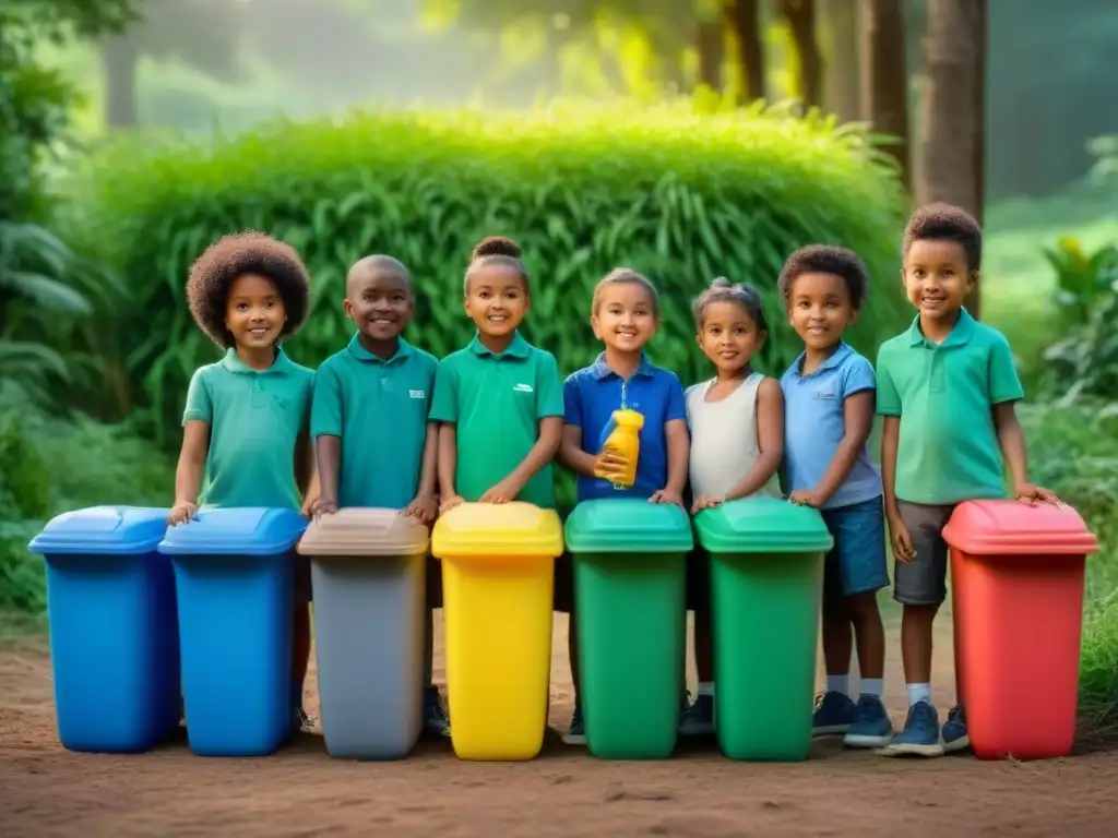 Ilustración detallada de niños sosteniendo botellas de agua reutilizables y bolsas de tela, rodeados de naturaleza y contenedores de reciclaje