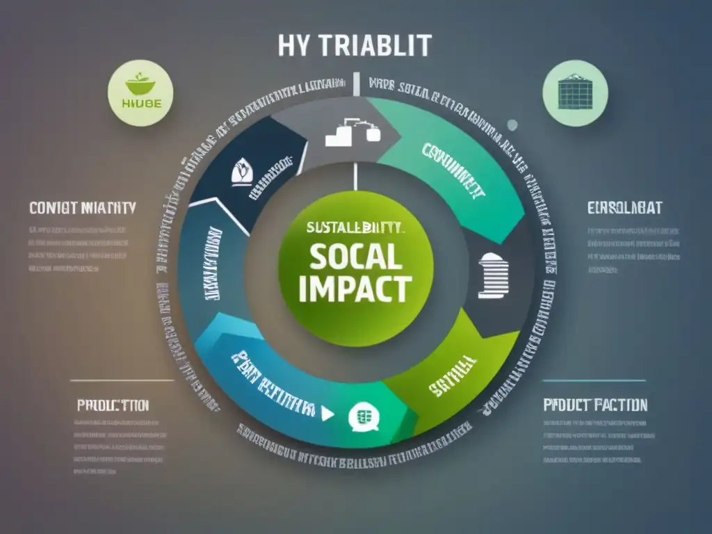 Ilustración detallada mostrando la red de impactos ambientales y sociales en el ciclo de vida de un producto, resaltando la sostenibilidad
