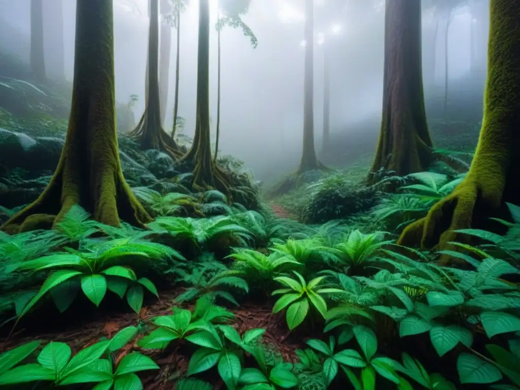 Detallada selva vibrante en armonía con vida silvestre, iluminada por IA para Sostenibilidad