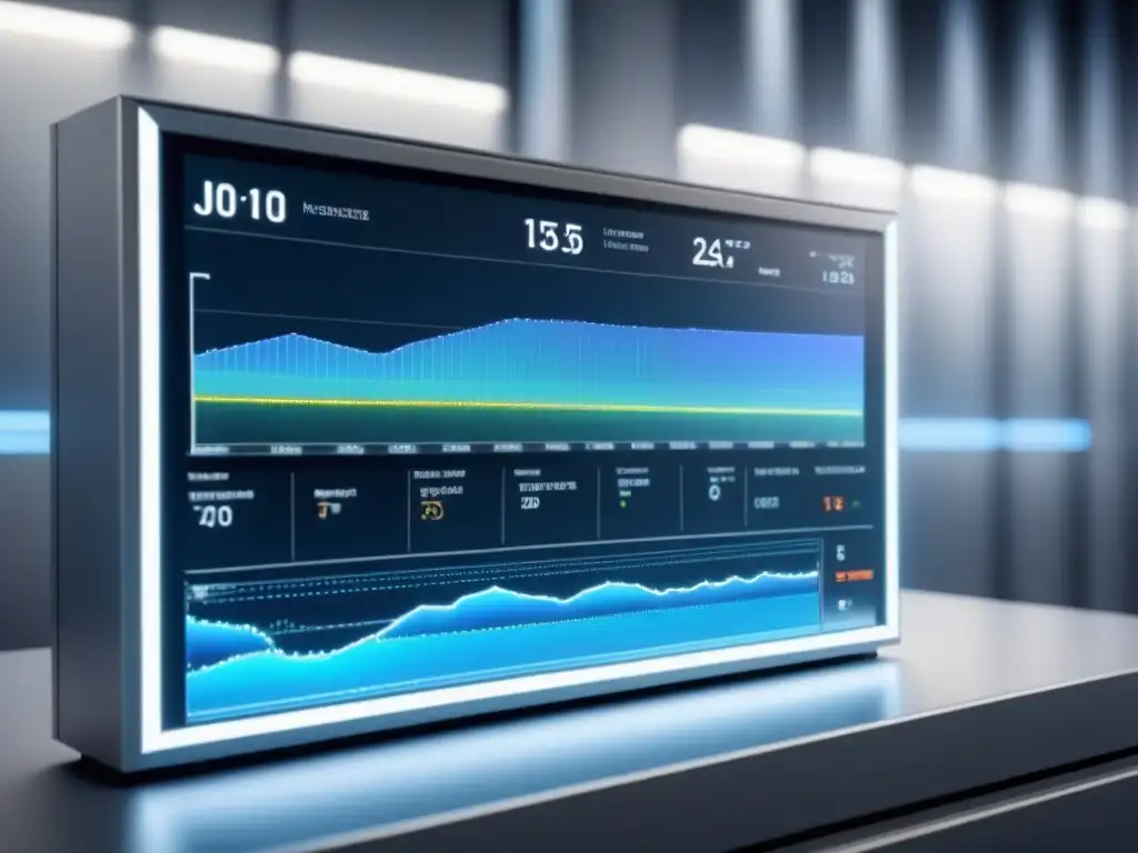 Visualización detallada de un sistema futurista de monitoreo de agua industrial con gráficos y métricas de eficiencia en tiempo real