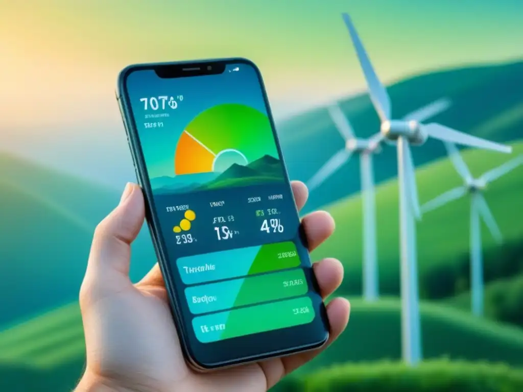 Ilustración detallada de un smartphone con app verde energética mostrando fuentes renovables y datos