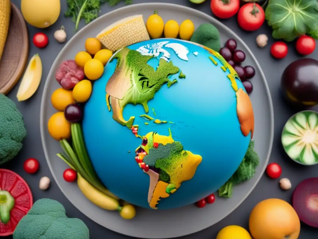 Detallado globo terráqueo de alimentos, simbolizando el impacto del desperdicio alimentario en el planeta