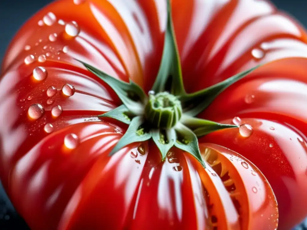 Detallado tomate rojo con gotas de agua brillantes bajo luz natural, capturando la frescura de comprar alimentos orgánicos locales