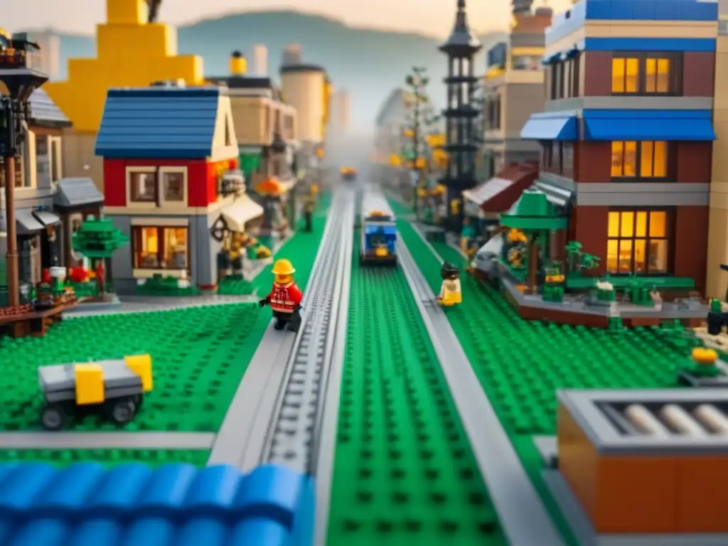 Un detallado y vibrante paisaje urbano de Lego hecho de bloques de plástico reciclado, mostrando el concepto de economía circular en juguetes