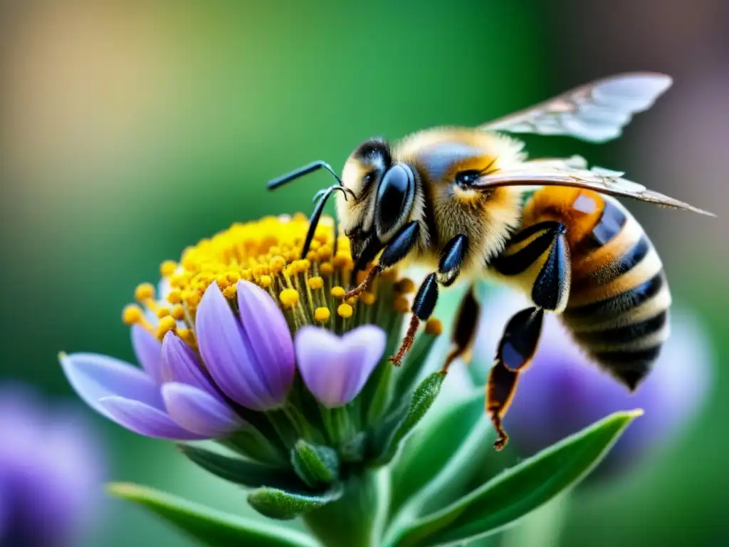 Detalle de abeja cubierta de polen en flor urbana, resaltando apoyo a polinizadores urbanos sostenible