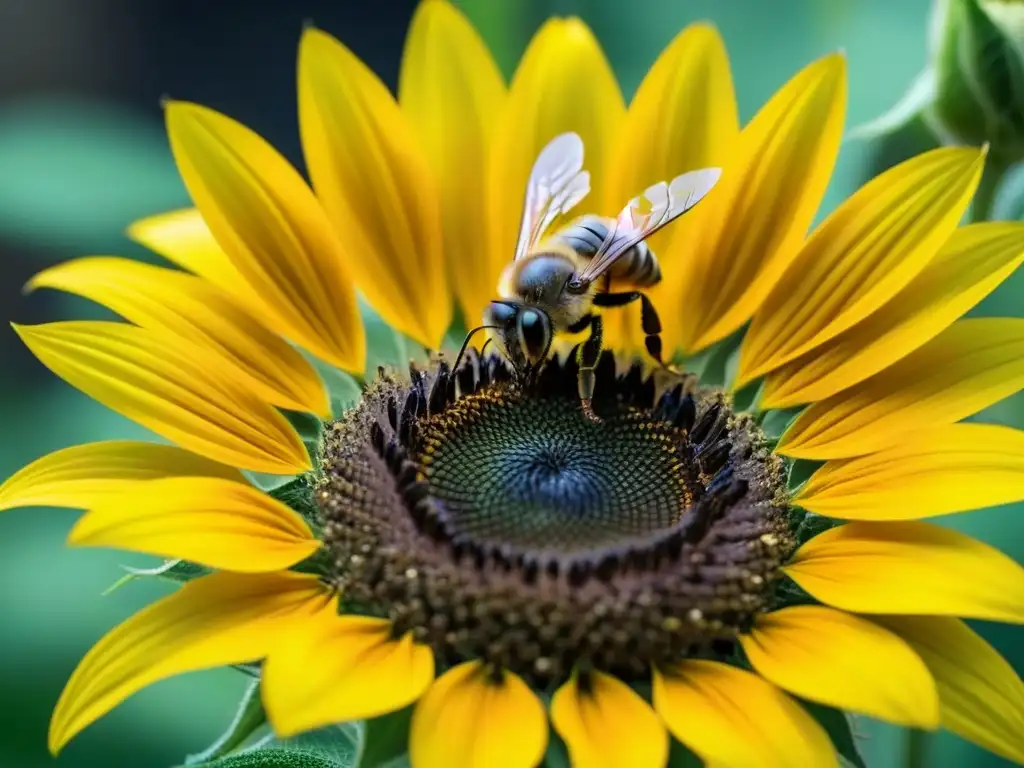 Detalle de abeja recolectando néctar en girasol vibrante, destacando sus alas y cuerpo peludo