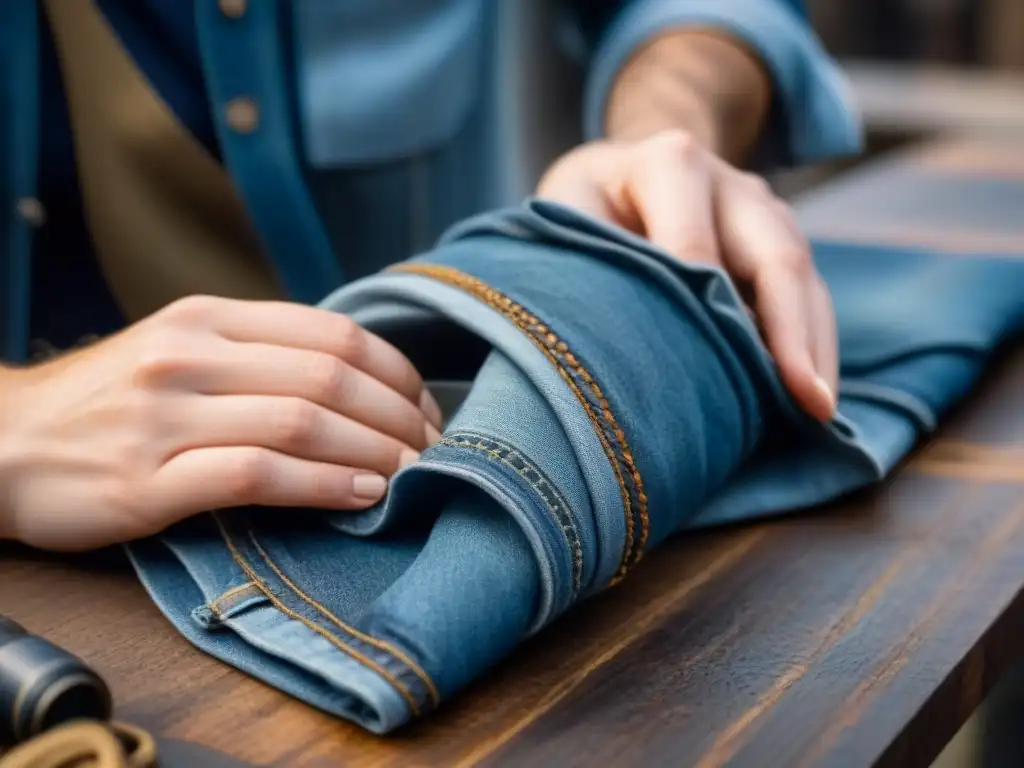 Detalle de un artesano desmontando cuidadosamente unos Mud Jeans, resaltando la artesanía del modelo de negocio circular Mud Jeans