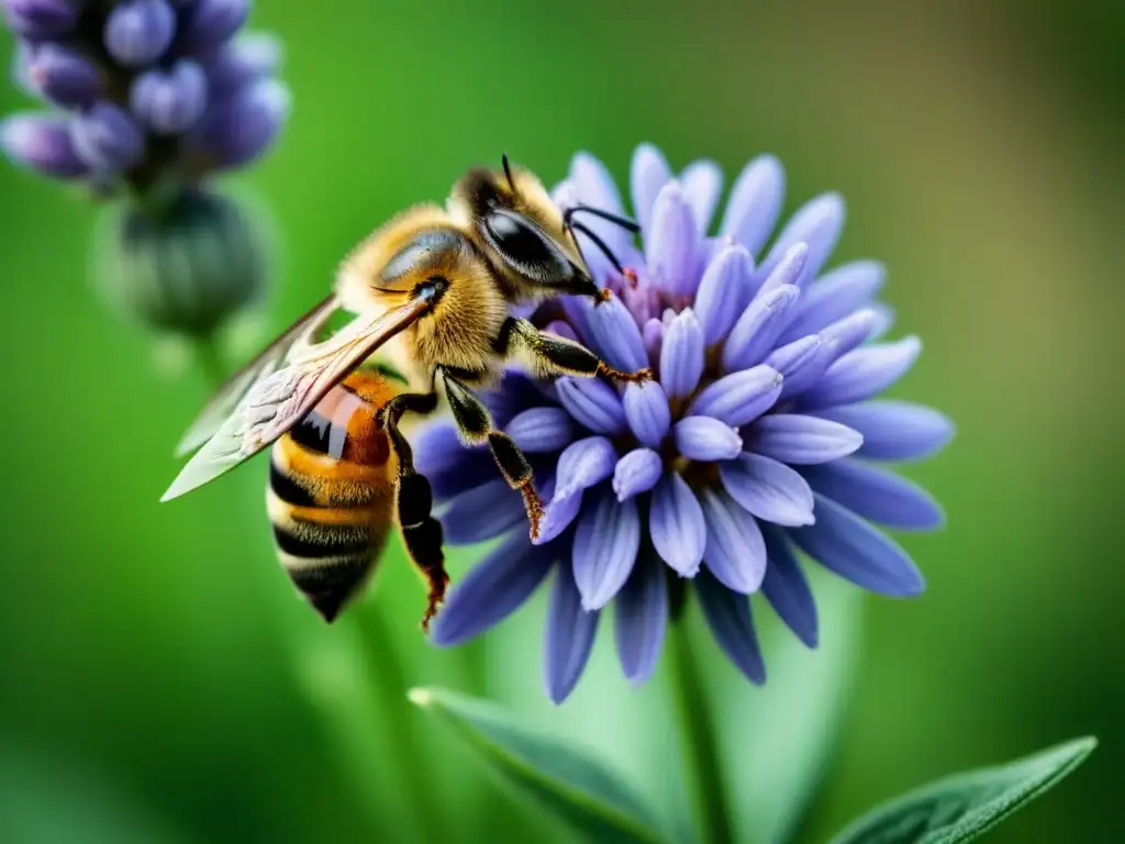 Detalle asombroso: abeja sobre flor de lavanda, destacando la importancia abejas producción alimentos