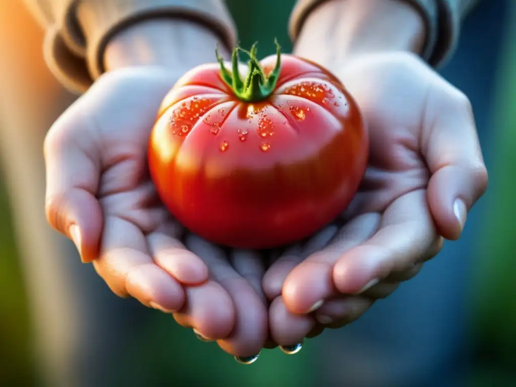 Detalle asombroso de manos sosteniendo tomate maduro, resaltando su belleza natural