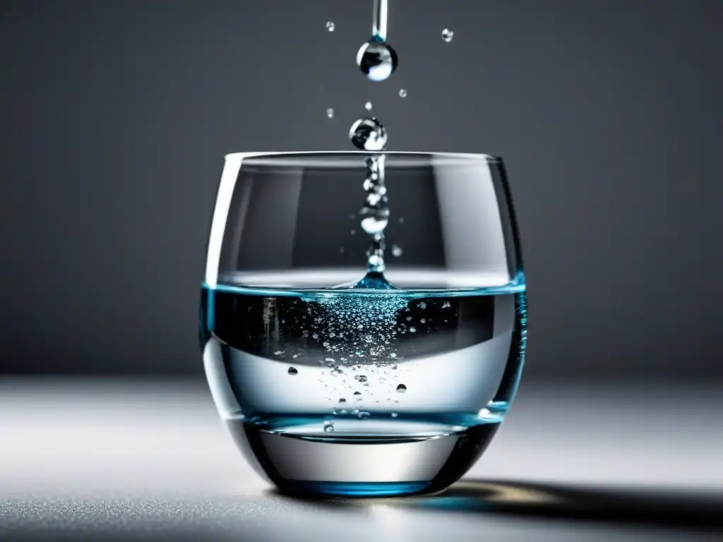 Detalle asombroso de un vaso de agua cristalina, con gotas que reflejan luz