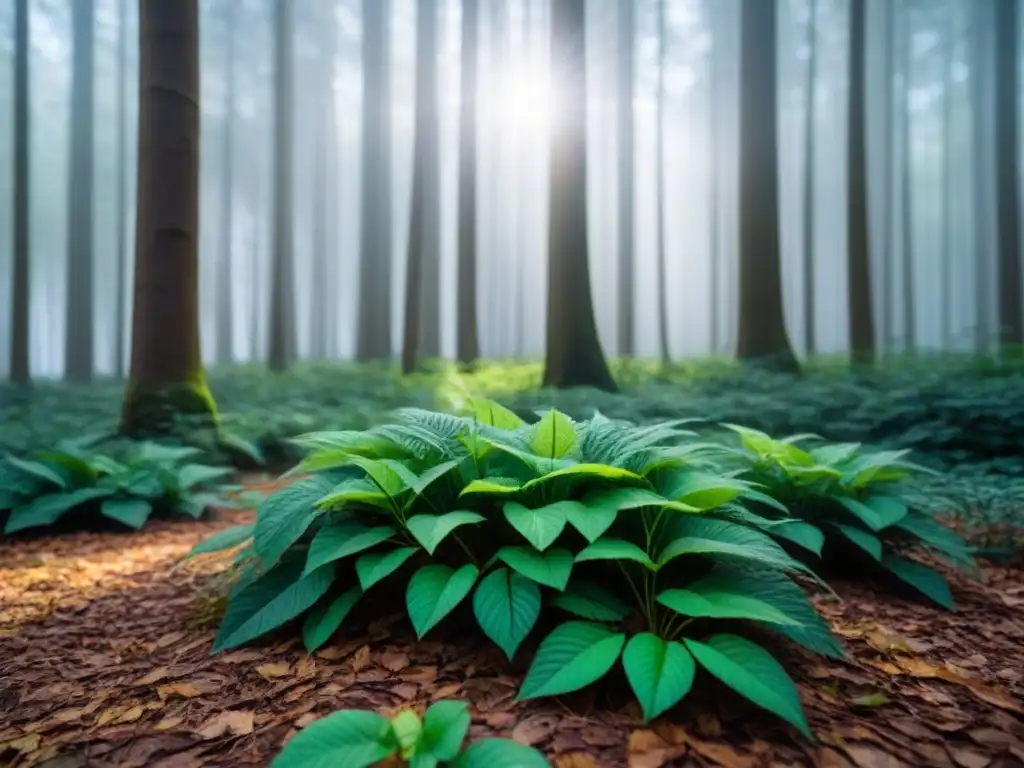 Detalle de un bosque verde con luz solar filtrándose entre las hojas, creando sombras en el suelo