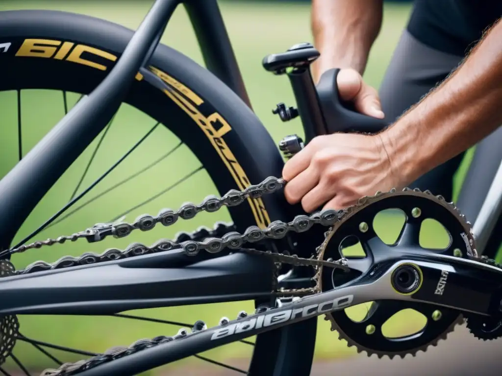 Detalle de lubricación de cadena de bicicleta eléctrica con precisión