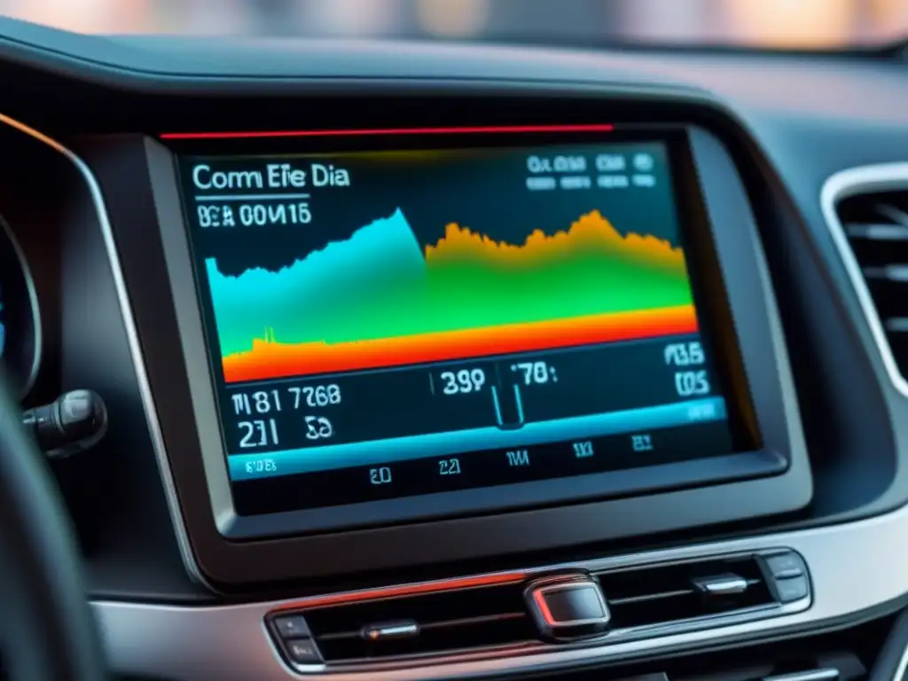 Detalle de dispositivo telemetría en vehículo mostrando datos de emisiones y eficiencia