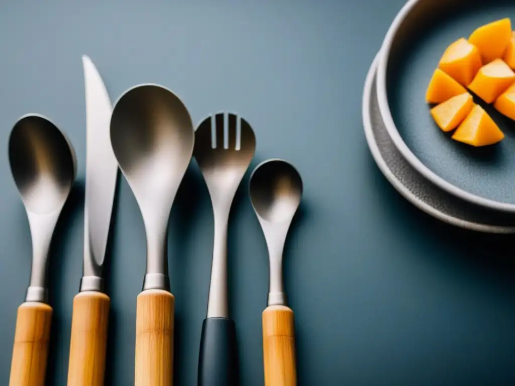 Detalle de elegantes utensilios de cocina ecoamigables de bambú sostenible, con patrones de grano intrincados y diseño minimalista