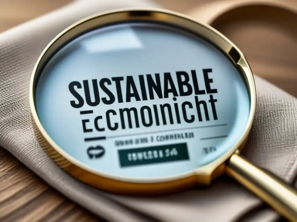 Detalle excepcional: lupa sobre etiqueta de ropa con 'Sustainable & Transparent'