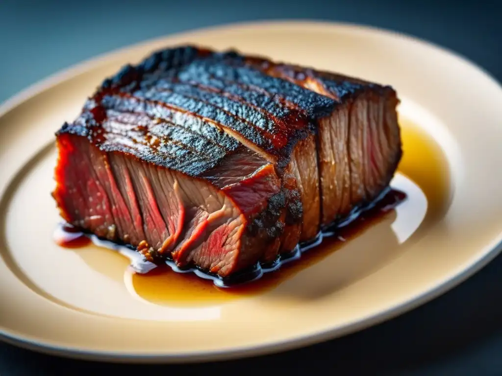 Detalle exquisito de carne cultivada en laboratorio en un plato moderno, sostenible y jugosa bajo luz suave