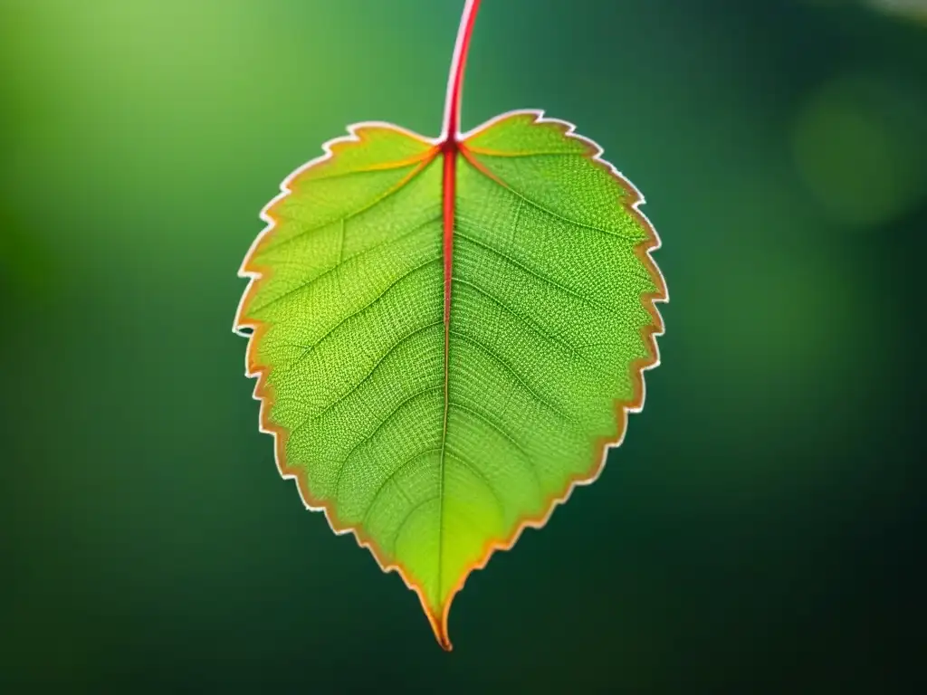 Un detalle exquisito de una hoja verde vibrante, iluminada delicadamente, evocando los beneficios de los elixires botánicos para la piel