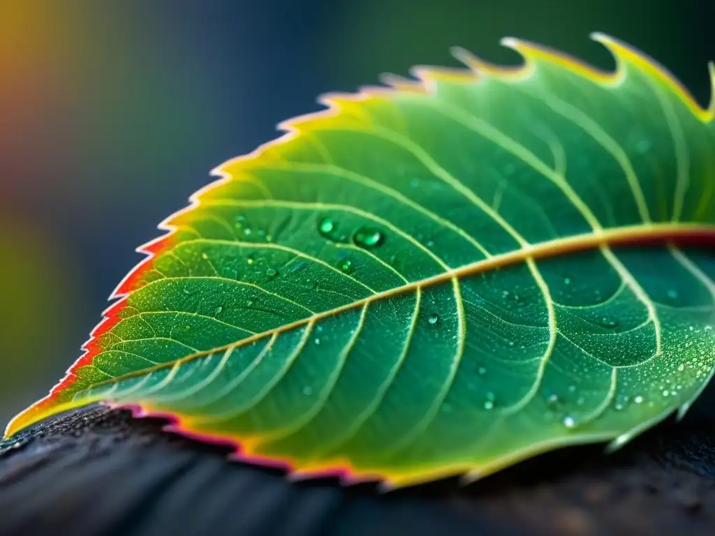 Detalle fascinante de una hoja con rocío, reflejando colores vibrantes al sol