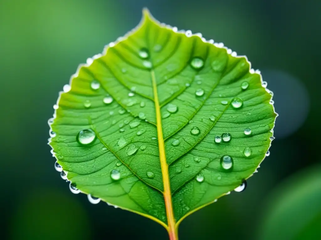 Un detalle fascinante de una hoja verde cubierta de gotas de agua, resaltando la belleza de la naturaleza