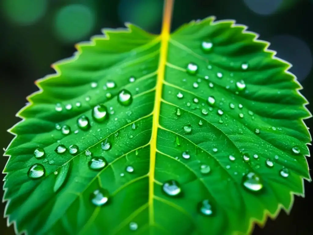 Detalle fascinante de hoja verde con gotas de agua, patrones y luz solar