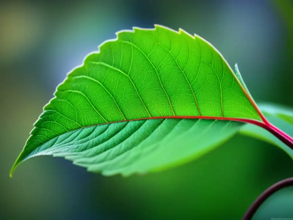 Detalle fascinante de una hoja verde vibrante con venas intrincadas, iluminada naturalmente