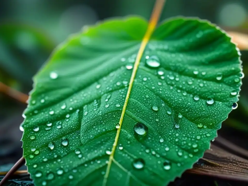 Detalle fascinante de una hoja verde cubierta de rocío, destinos ecofriendly de lujo