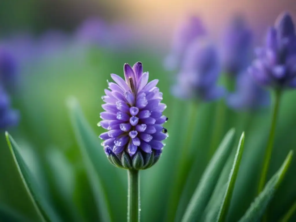 Detalle de una flor de lavanda con pétalos morados y tallo verde, enfatizando la belleza natural