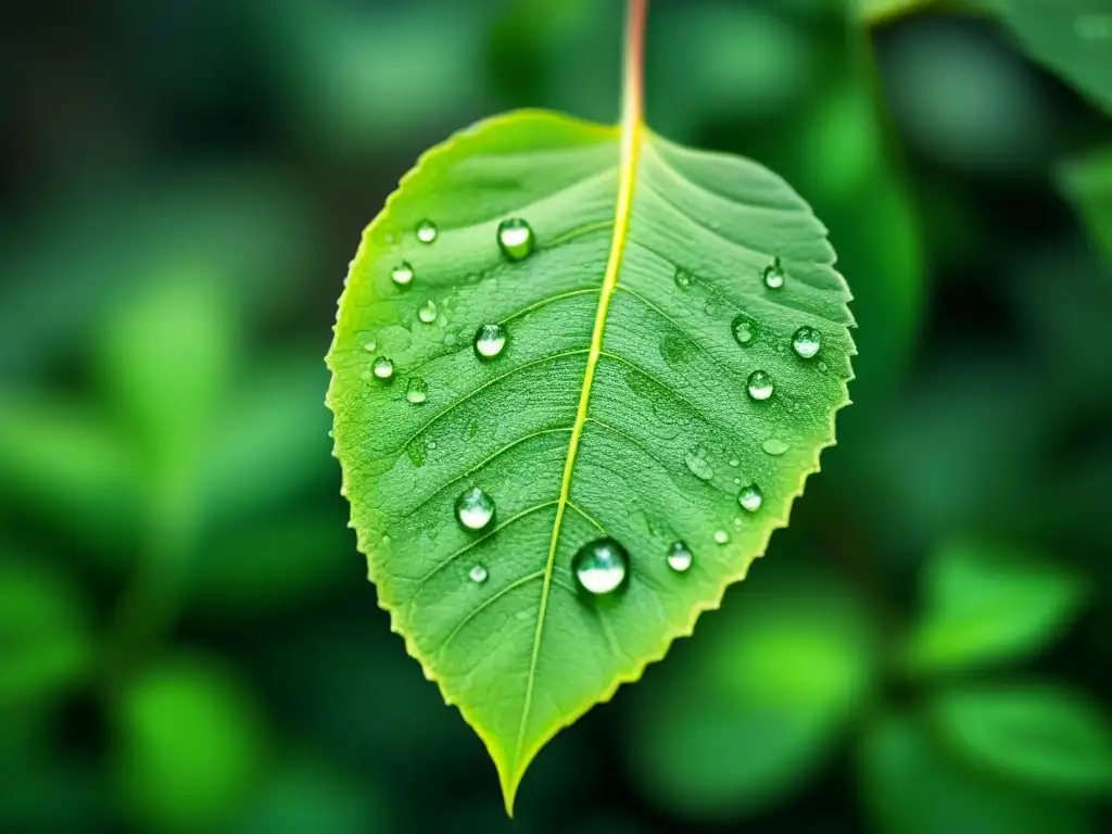 Detalle fresco de hoja verde con venas y gotas de agua, simbolizando la belleza natural de los ingredientes de maquillaje ecológico marcas