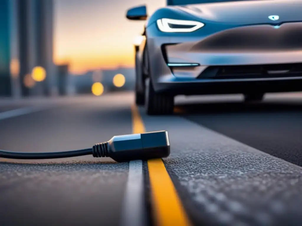 Detalles futuristas de puerto de carga de auto eléctrico Detalle futurista de puerto de carga de coche eléctrico con iluminación suave y metálicos intrincados
