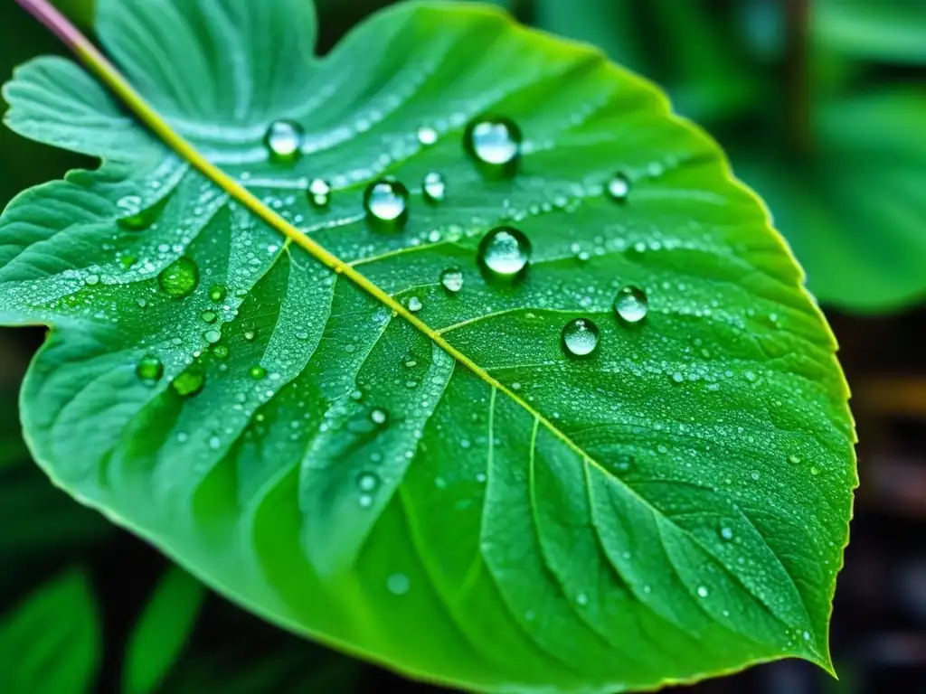 Detalle de una hoja verde cubierta de gotas de agua, simbolizando frescura y belleza natural