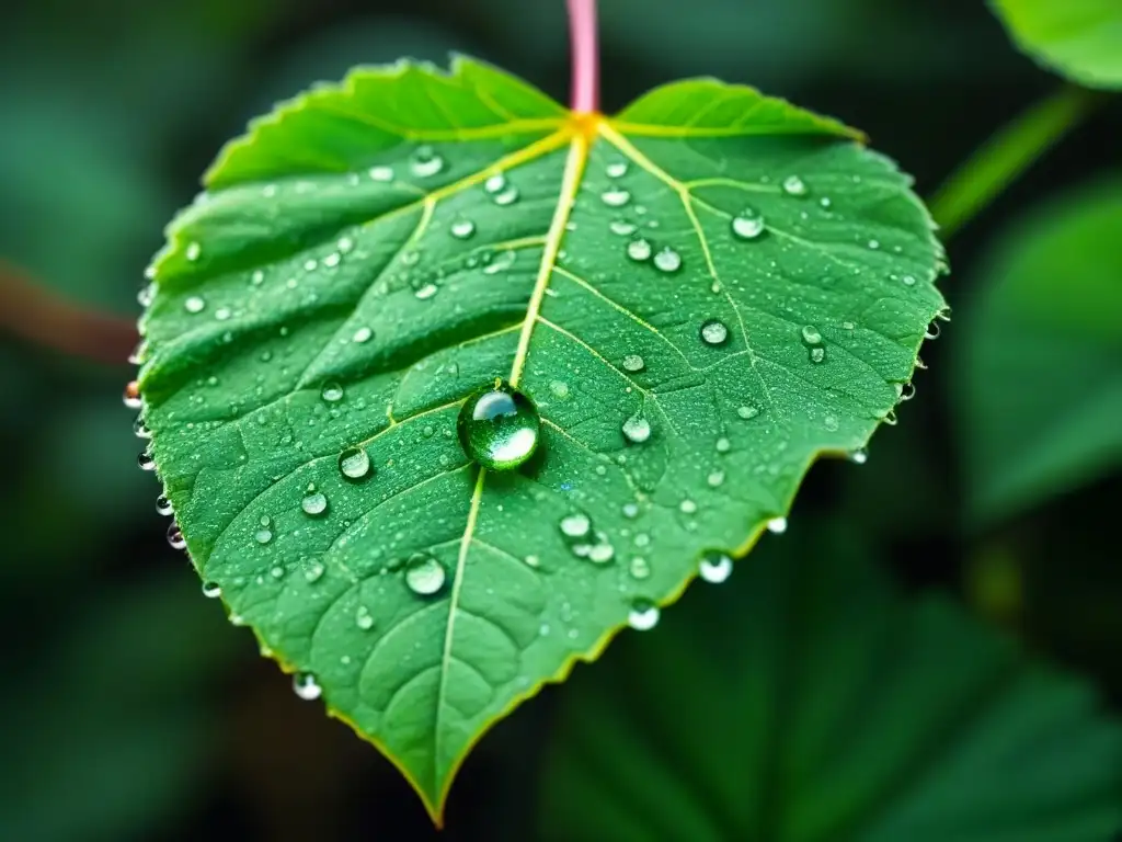 Detalle de una hoja verde con rocío, venas y gota de agua, en un bosque