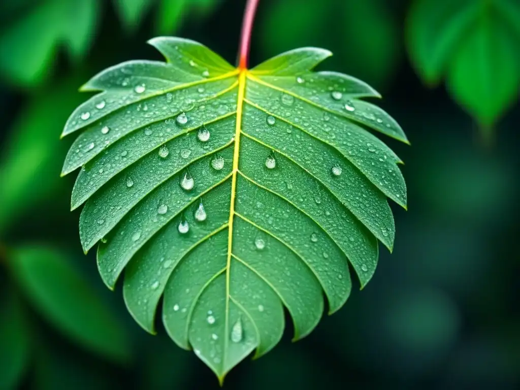 Detalle de una hoja verde con gotas de rocío, reflejando el entorno