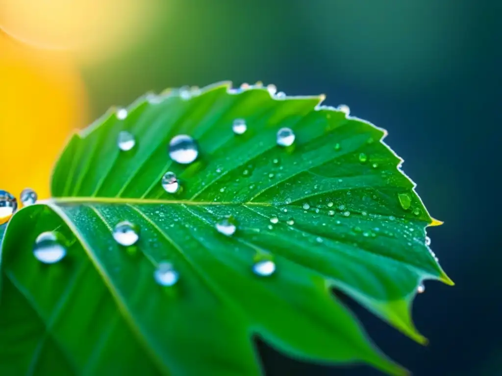 Detalle de hoja verde con gotas de rocío, reflejando la luz del sol