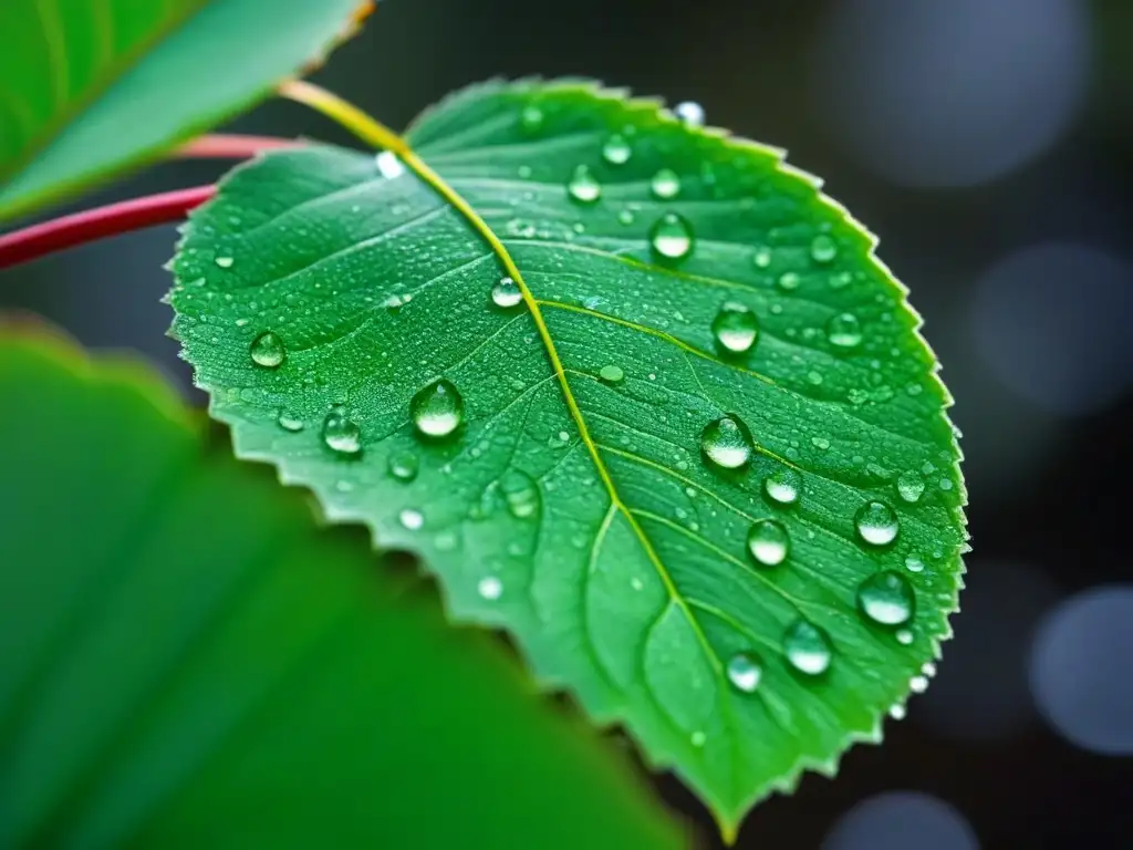 Detalle de una hoja verde con gotas de agua, reflejando la luz del sol