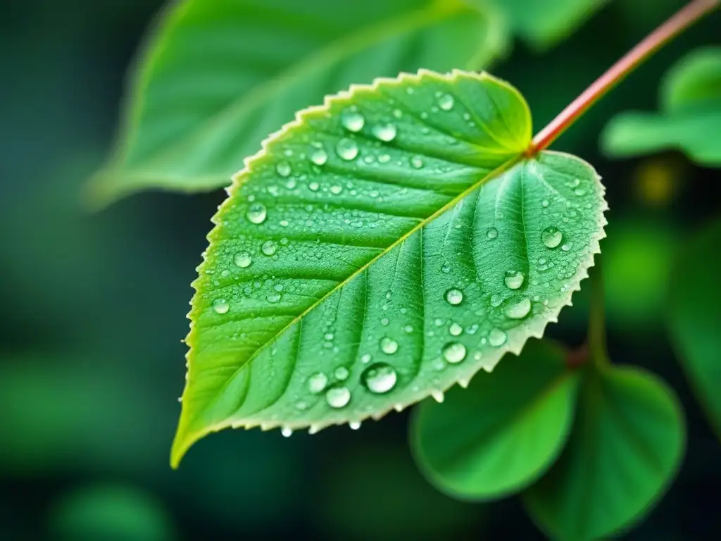 Detalle de una hoja verde con gotas de agua, fondo difuminado